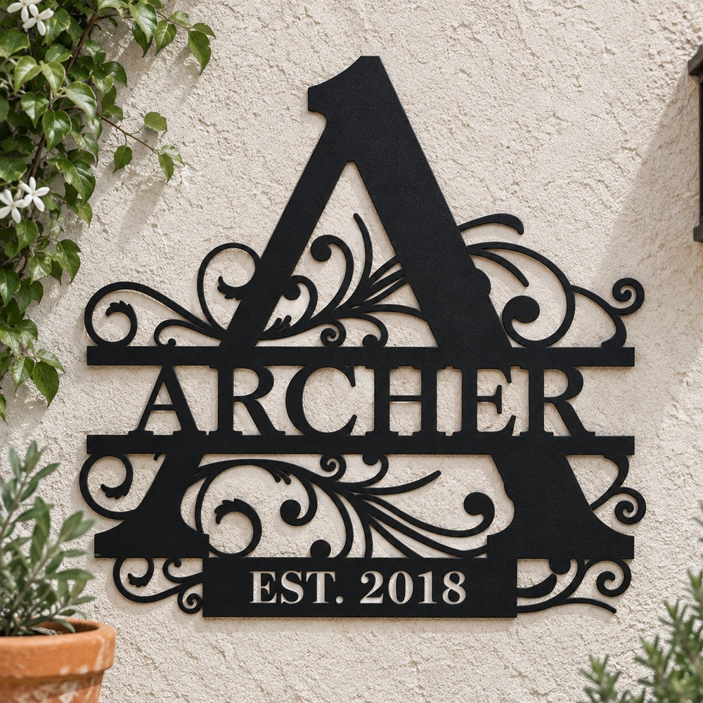 Personalized Initial Name Monogram metal wall sign displayed on the wall