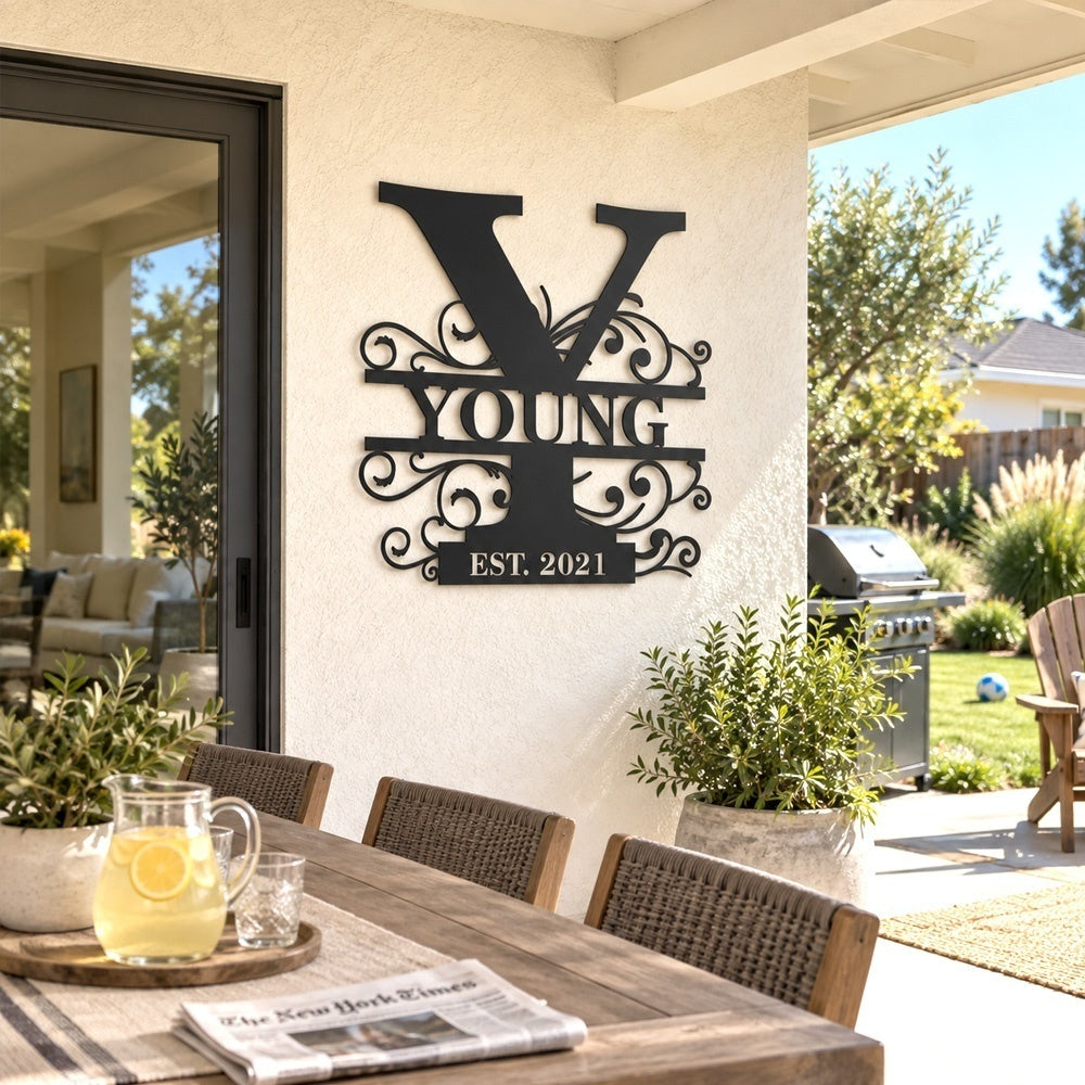 Personalized Initial Name Monogram metal wall sign displayed on the wall