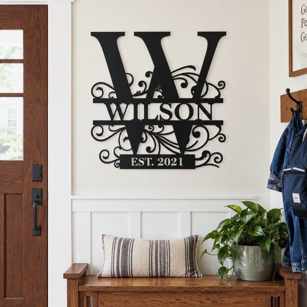 Personalized Initial Name Monogram metal wall sign displayed on the wall