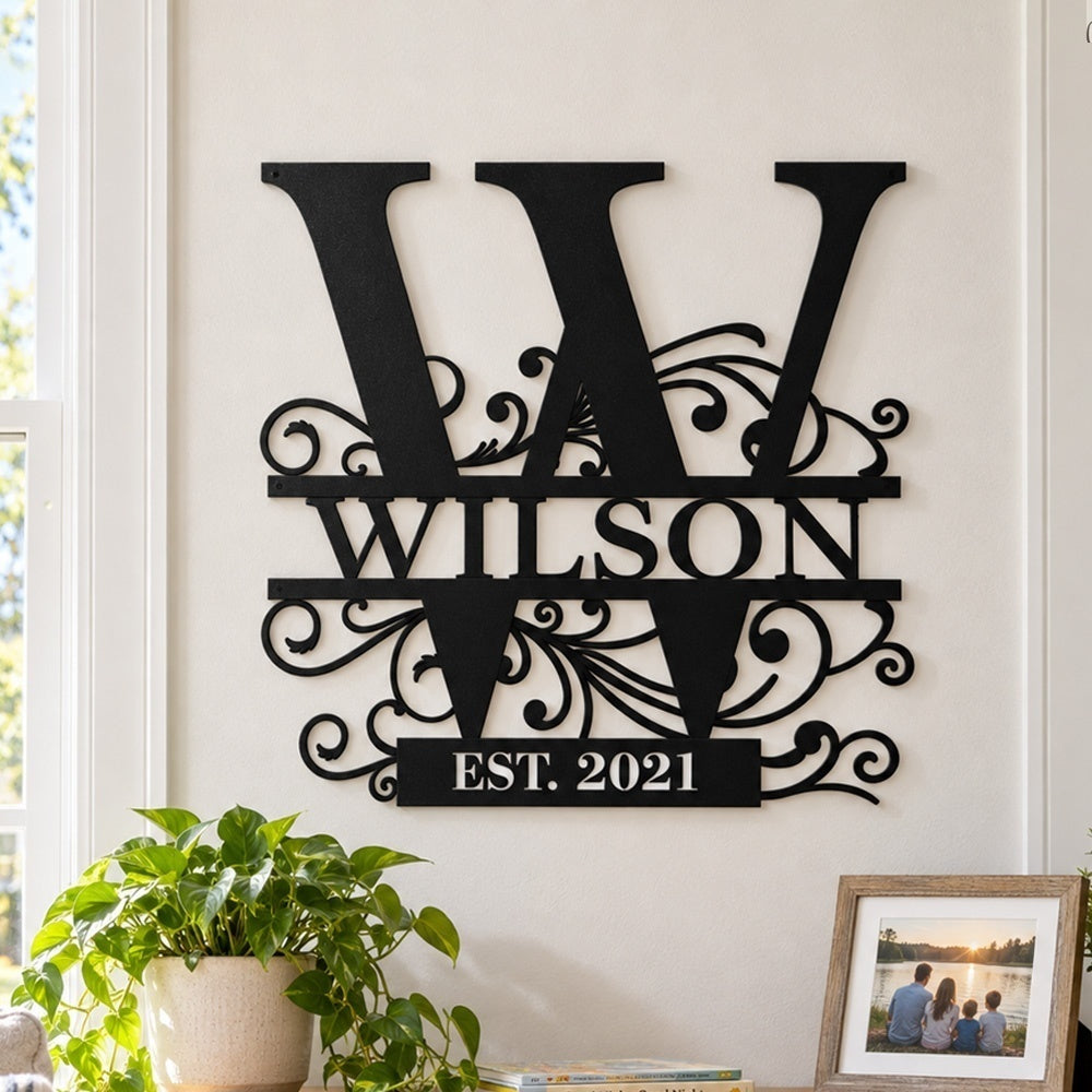 Personalized Initial Name Monogram metal wall sign displayed on the wall