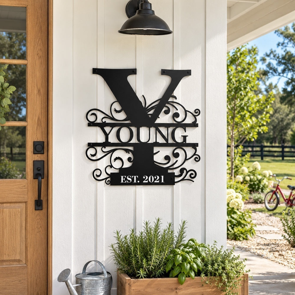 Personalized Initial Name Monogram metal wall sign displayed on the wall