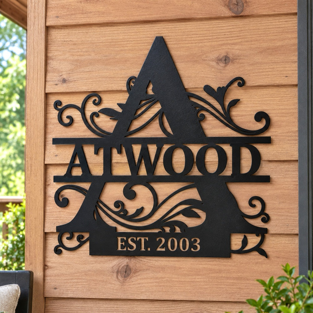 Personalized Initial Name Monogram metal wall sign displayed on the wall