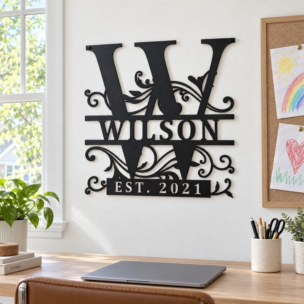 Personalized Initial Name Monogram metal wall sign displayed on the wall