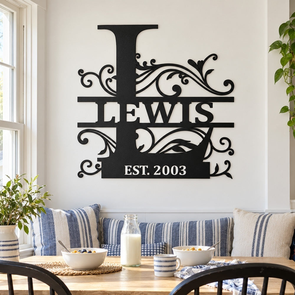 Personalized Initial Name Monogram metal wall sign displayed on the wall