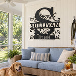 Personalized Initial Name Monogram metal wall sign displayed on the wall