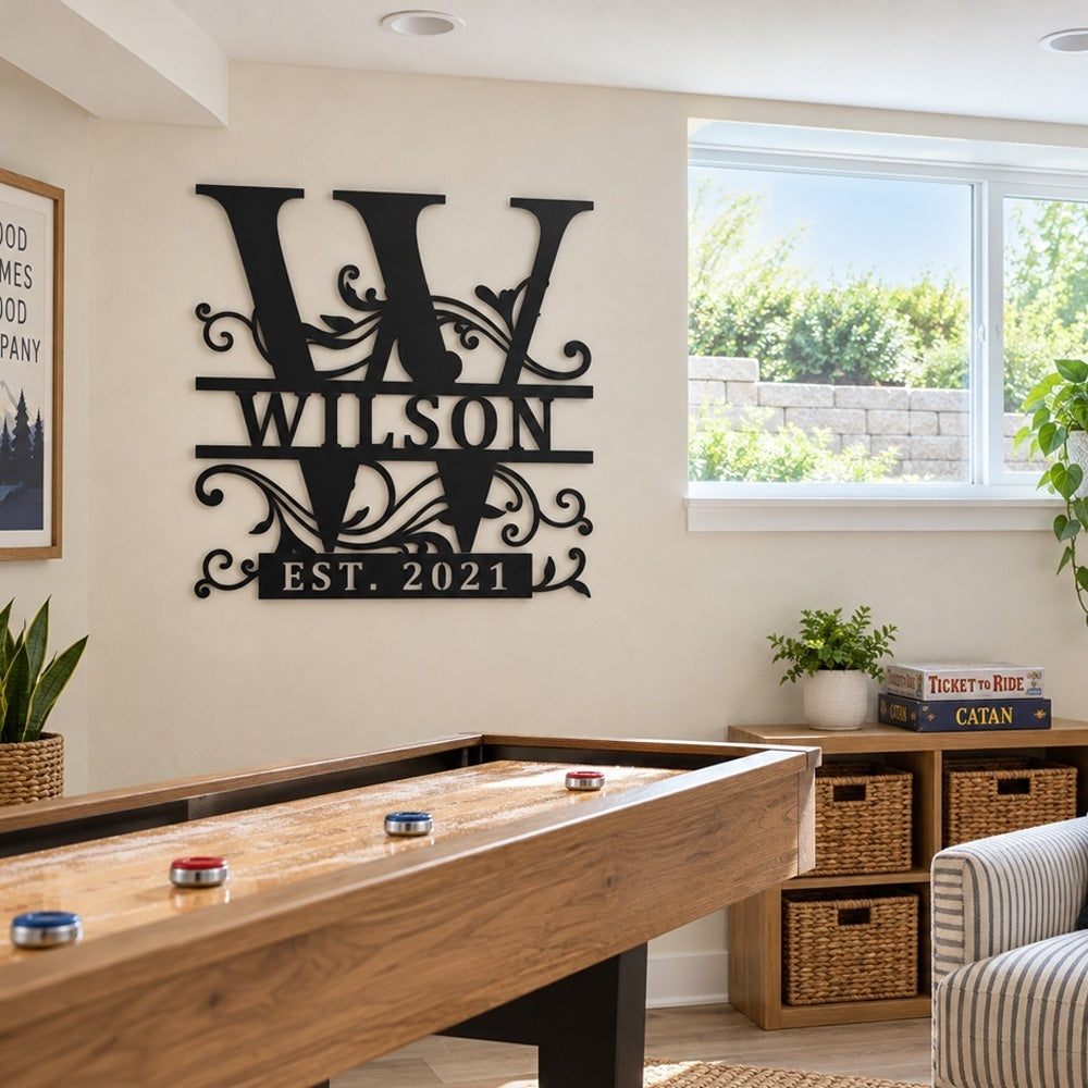 Personalized Initial Name Monogram metal wall sign displayed on the wall
