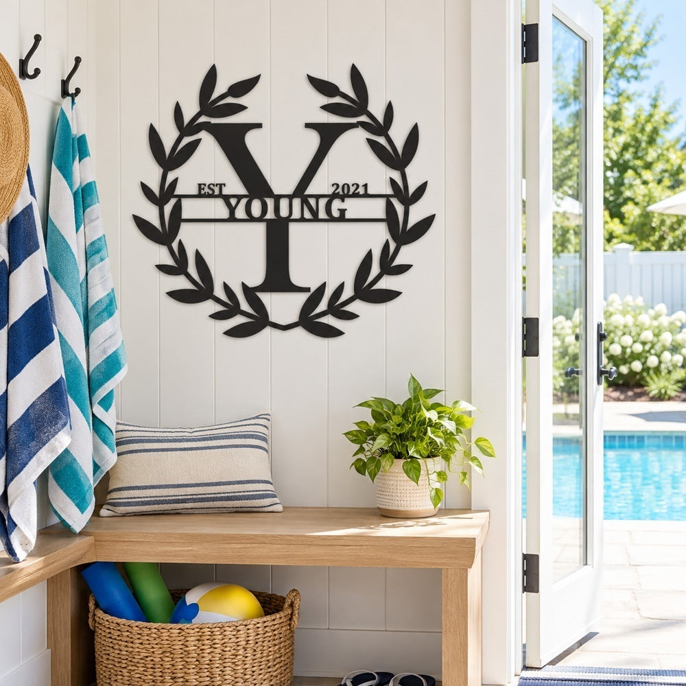 Personalized Initial Name Monogram metal wall sign displayed on the wall