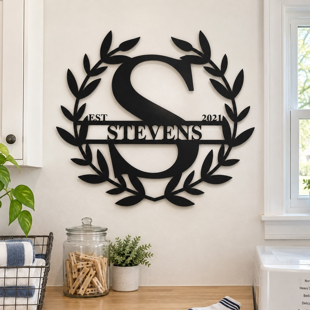 Personalized Initial Name Monogram metal wall sign displayed on the wall