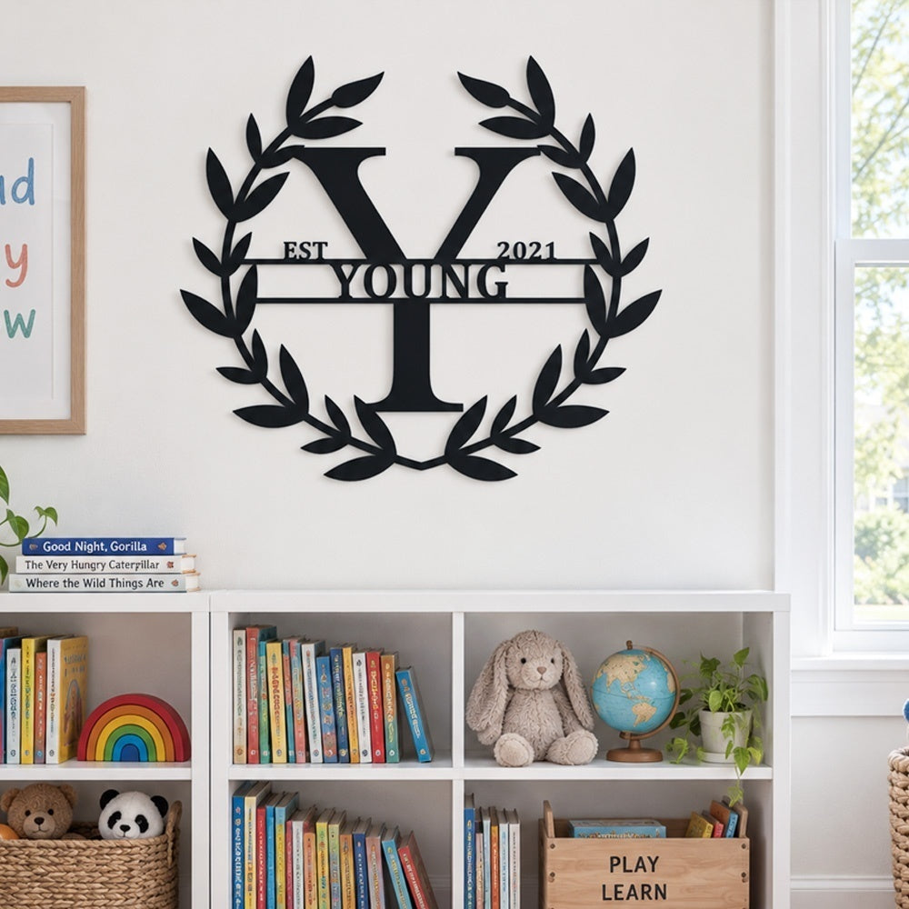 Personalized Initial Name Monogram metal wall sign displayed on the wall