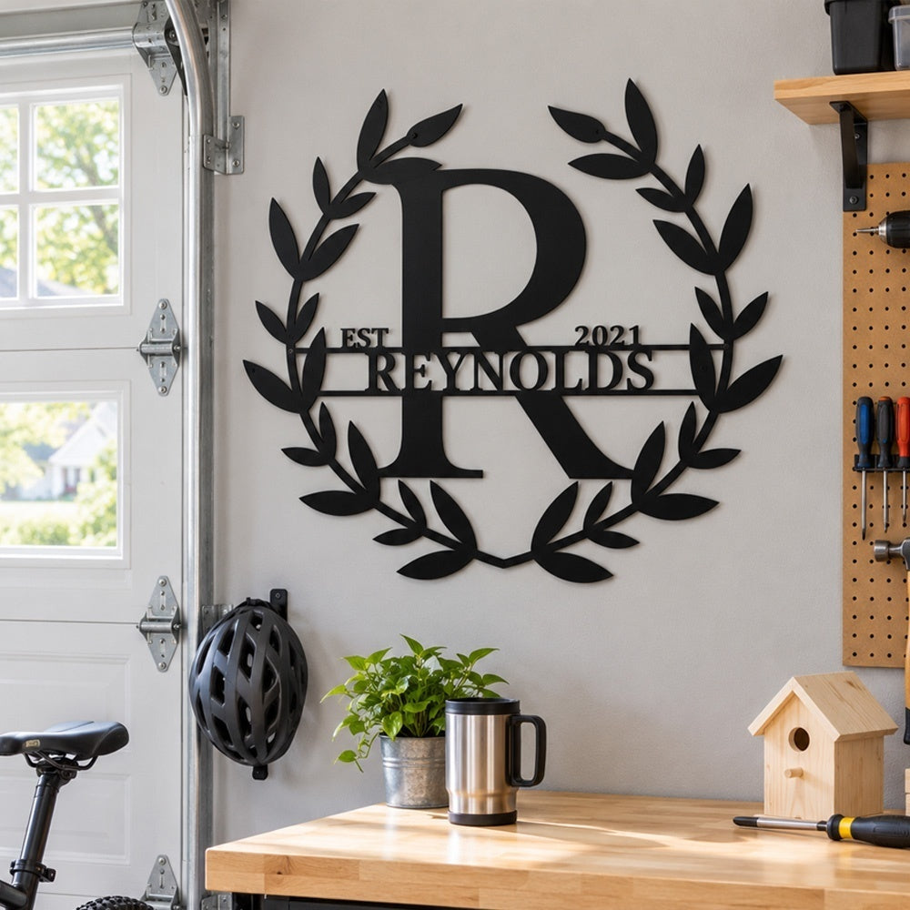 Personalized Initial Name Monogram metal wall sign displayed on the wall