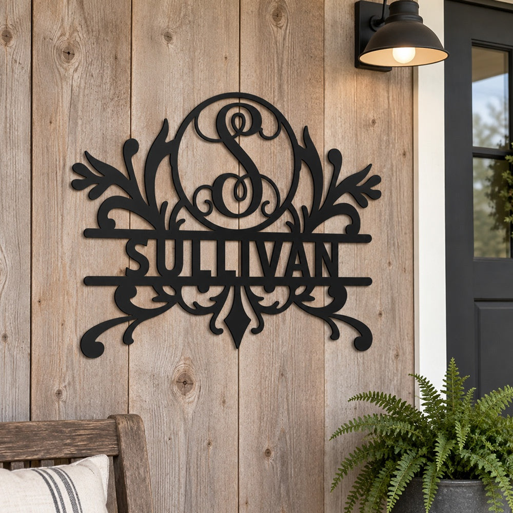 Personalized Initial Name Monogram metal wall sign displayed on the wall