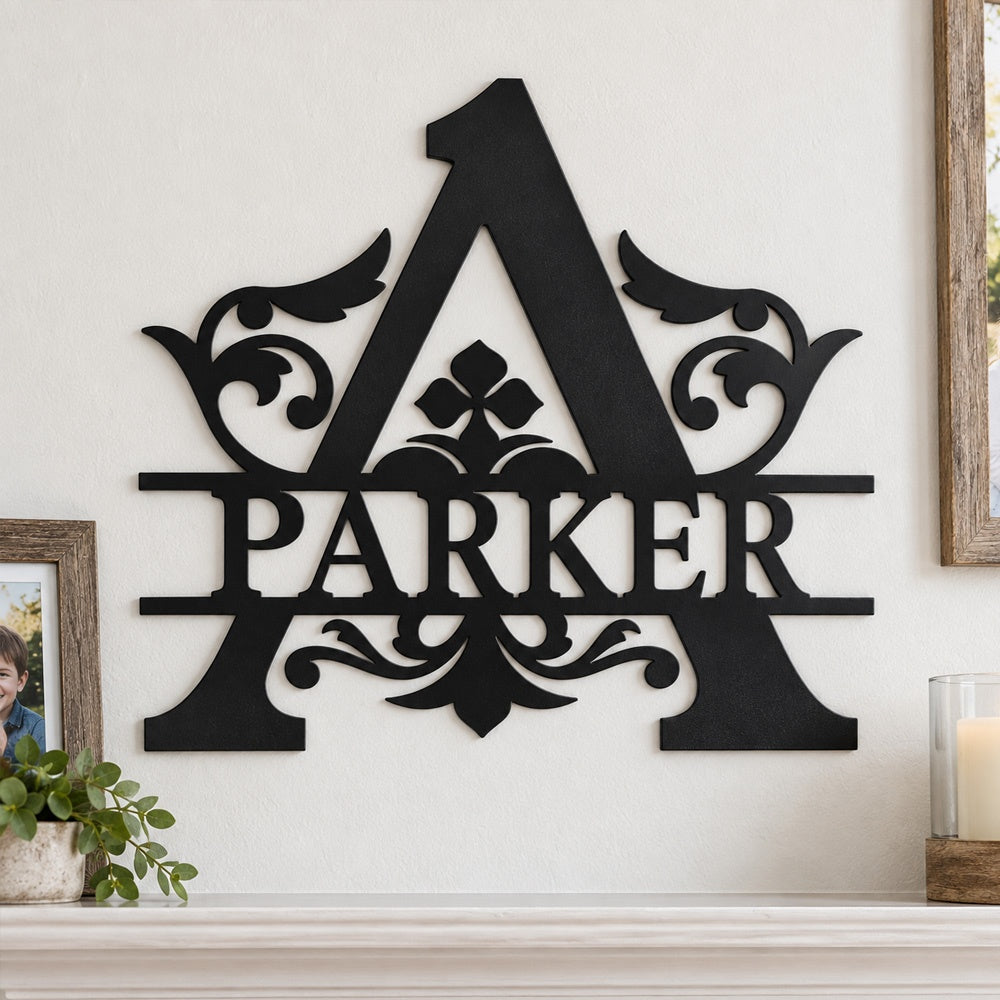 Personalized Initial Name Monogram metal wall sign displayed on the wall