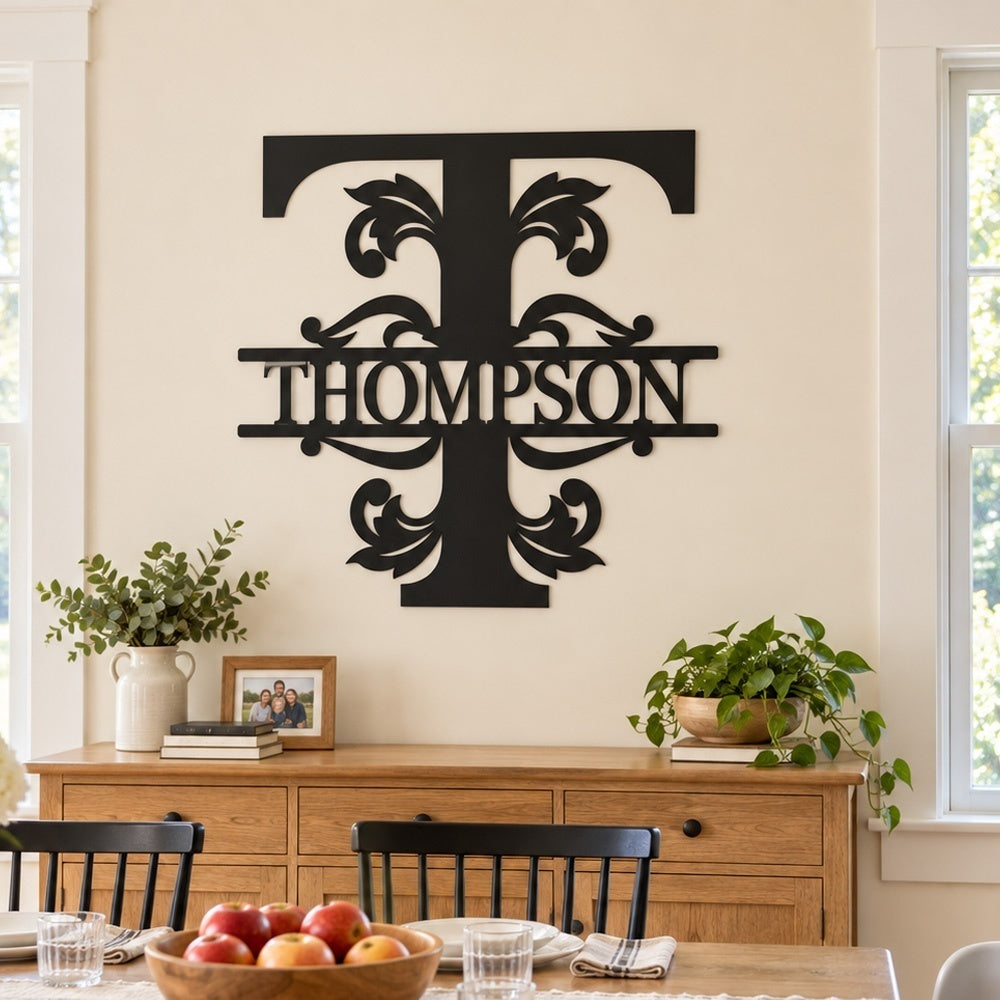Personalized Initial Name Monogram metal wall sign displayed on the wall