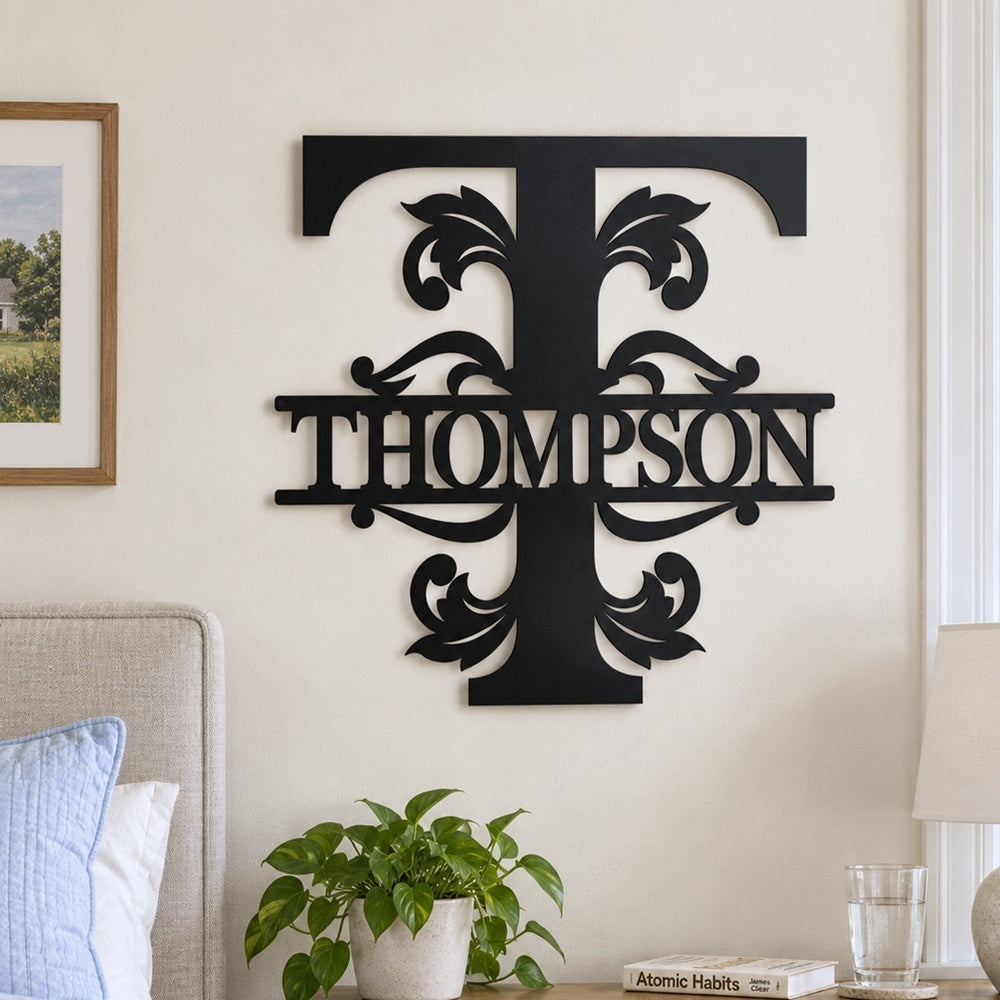 Personalized Initial Name Monogram metal wall sign displayed on the wall