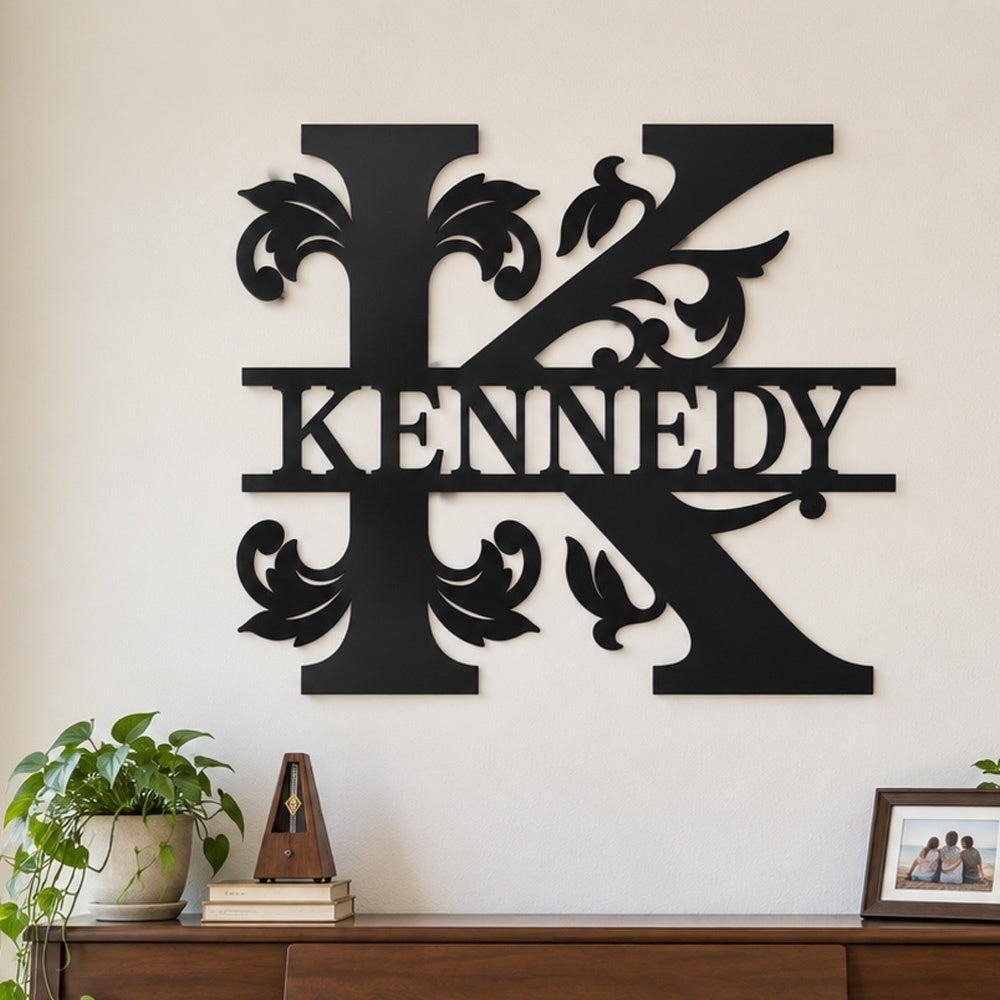 Personalized Initial Name Monogram metal wall sign displayed on the wall