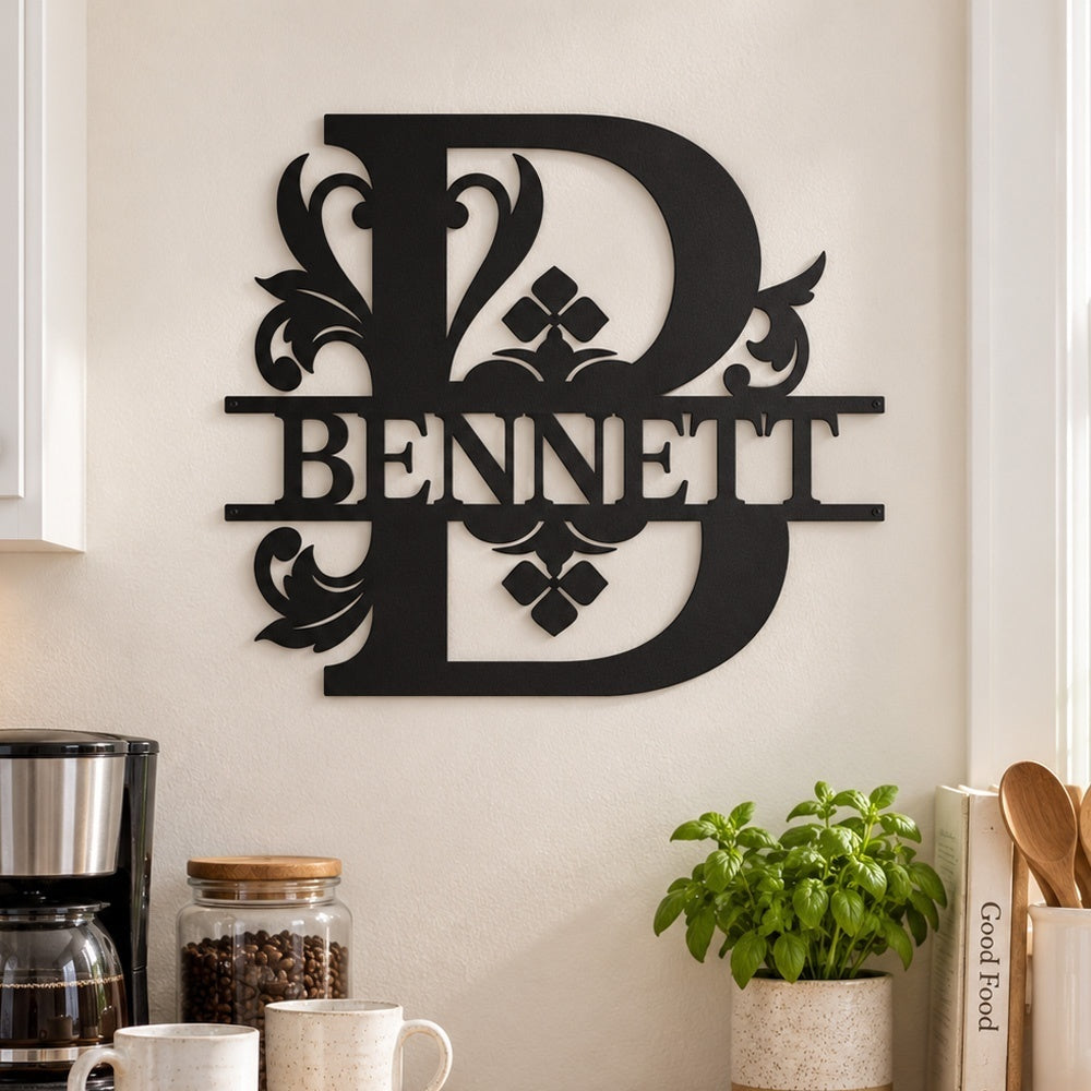 Personalized Initial Name Monogram metal wall sign displayed on the wall