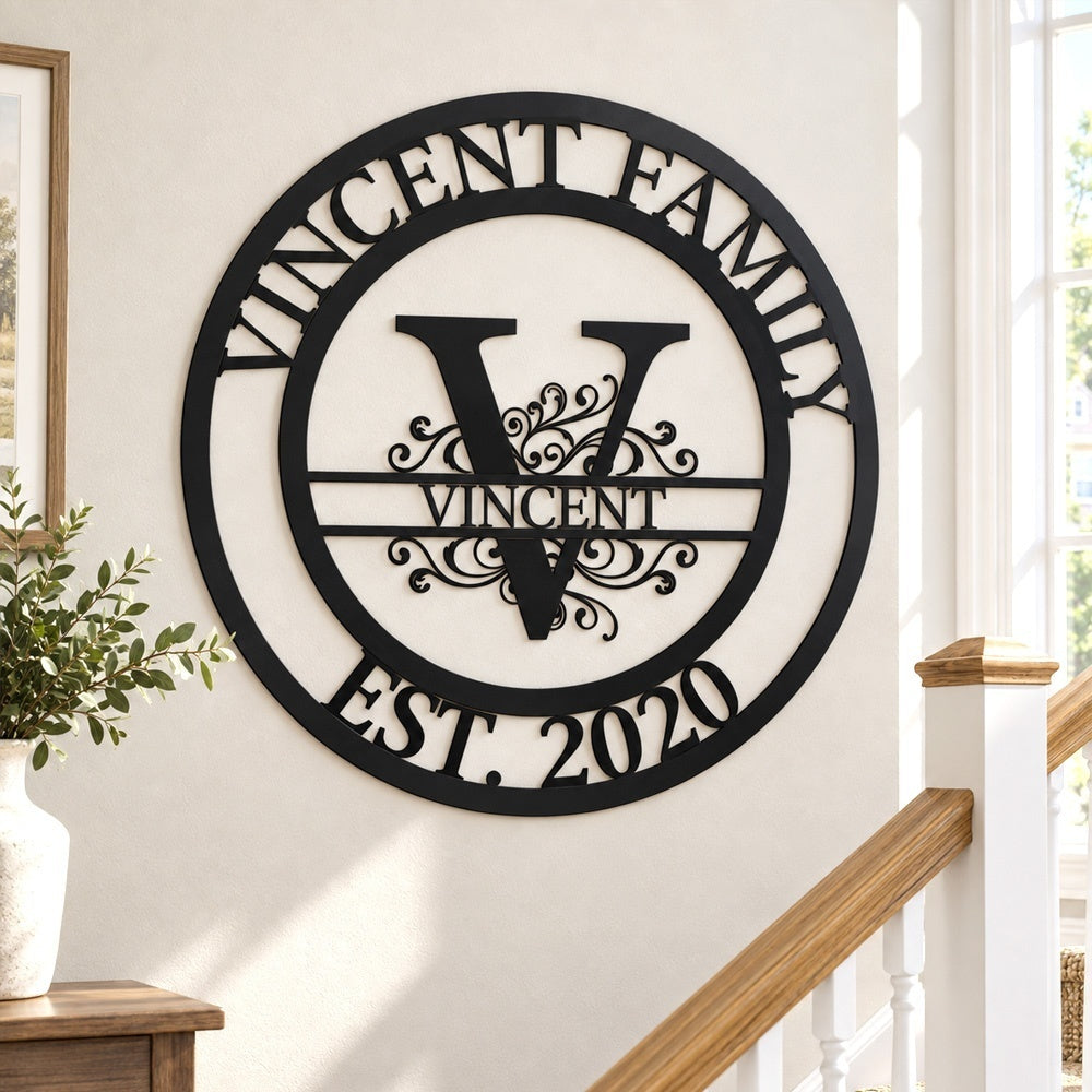 Personalized Initial Name Monogram metal wall sign displayed on the wall