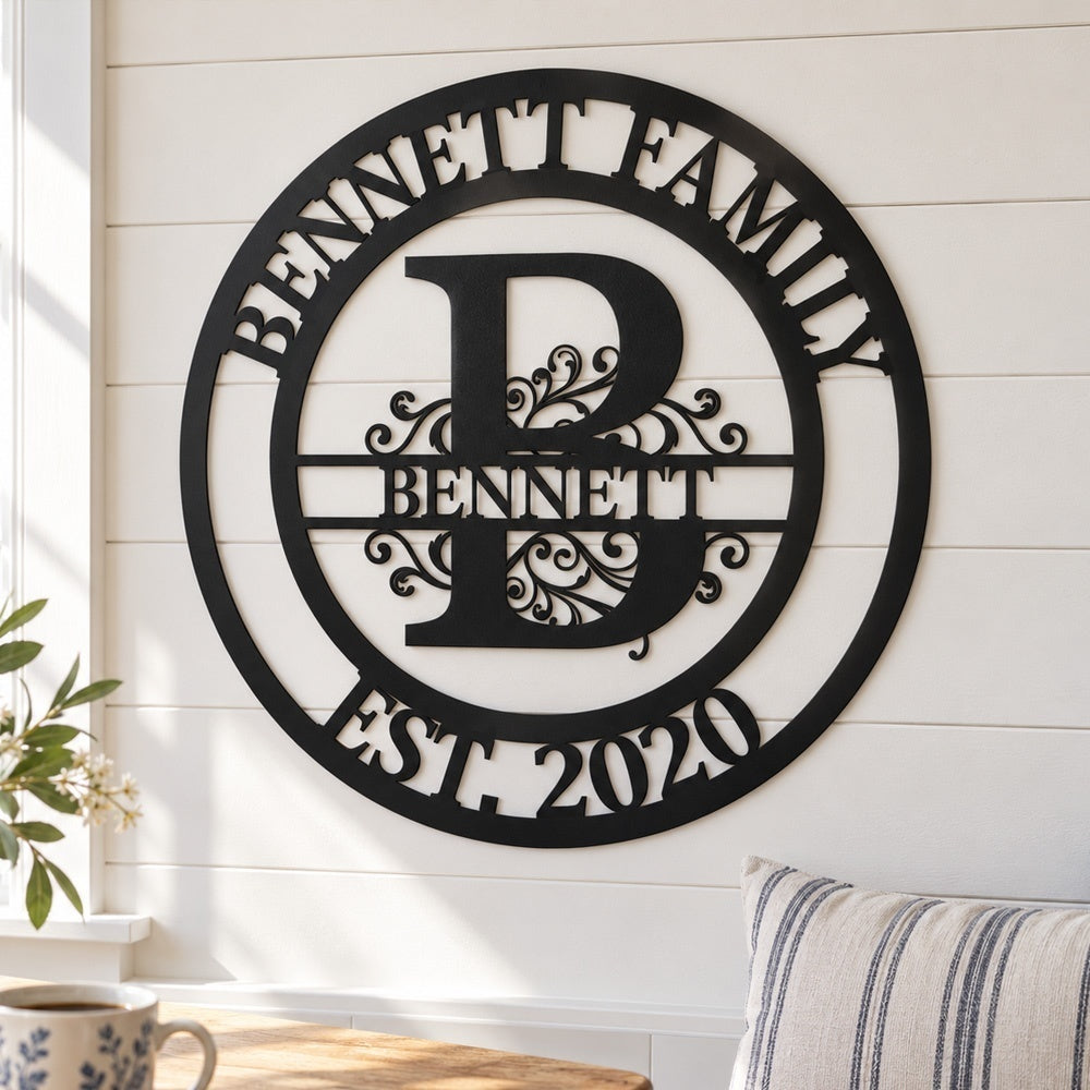 Personalized Initial Name Monogram metal wall sign displayed on the wall