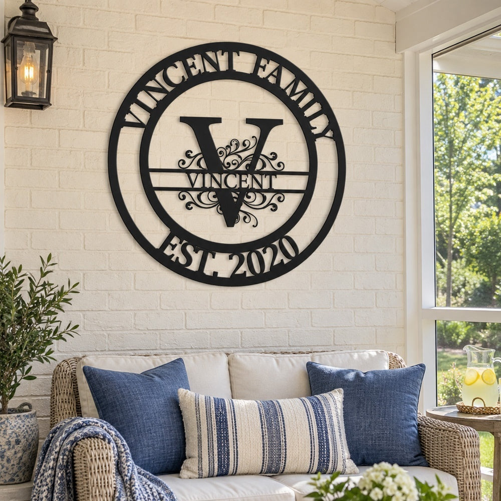 Personalized Initial Name Monogram metal wall sign displayed on the wall