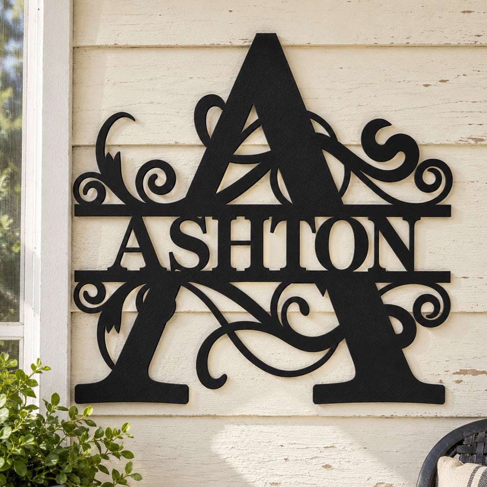 Personalized Initial Name Monogram metal wall sign displayed on the wall