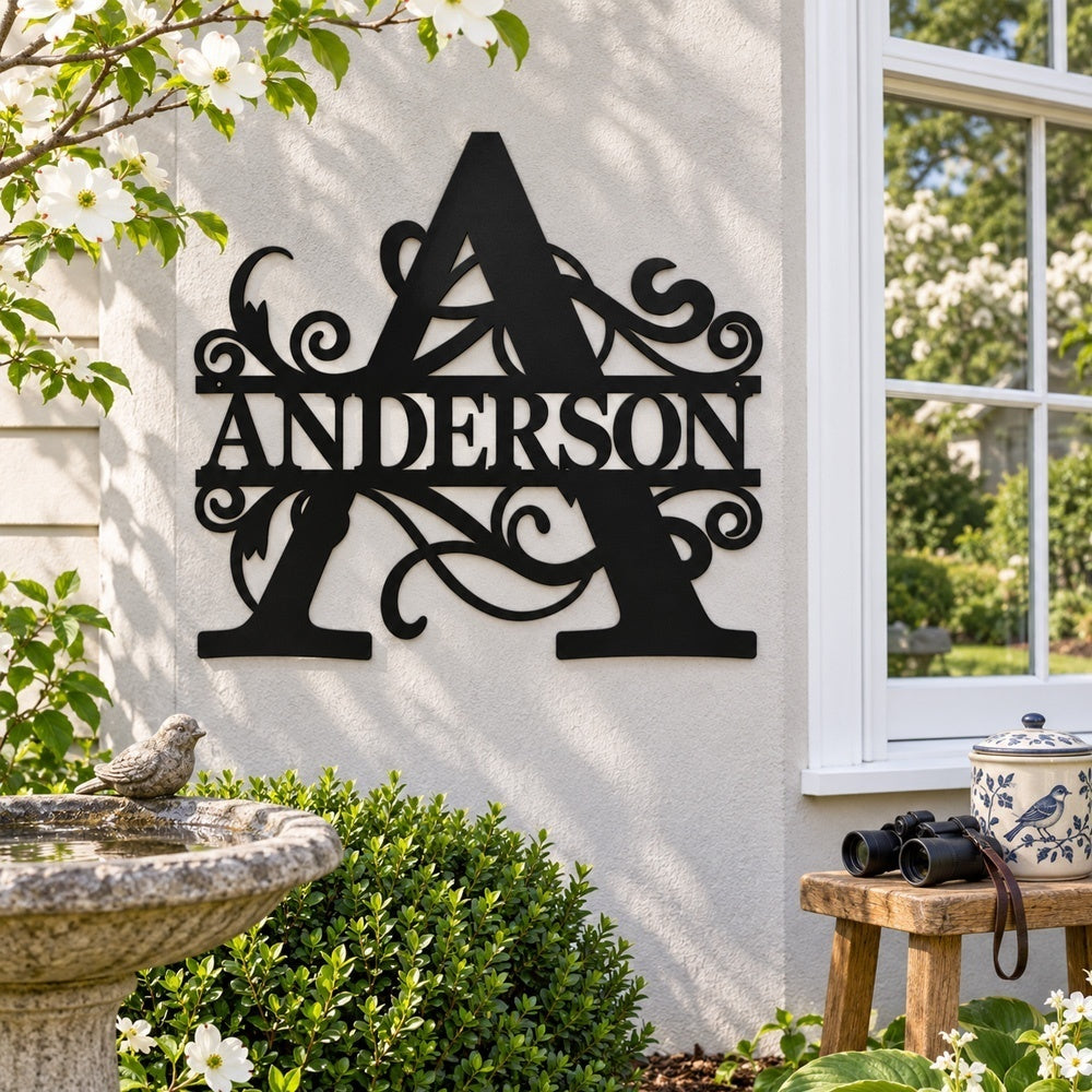 Personalized Initial Name Monogram metal wall sign displayed on the wall