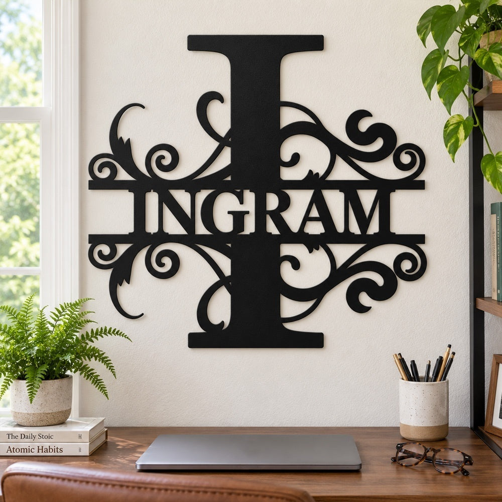 Personalized Initial Name Monogram metal wall sign displayed on the wall