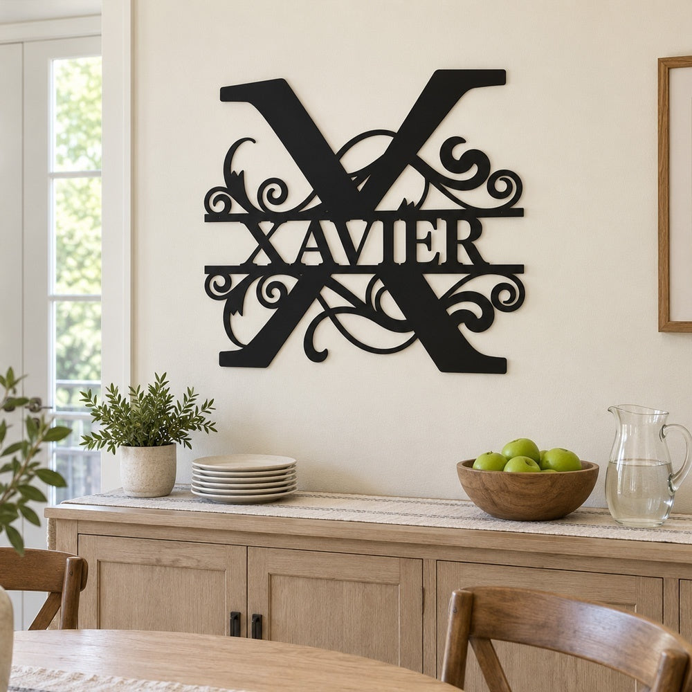 Personalized Initial Name Monogram metal wall sign displayed on the wall