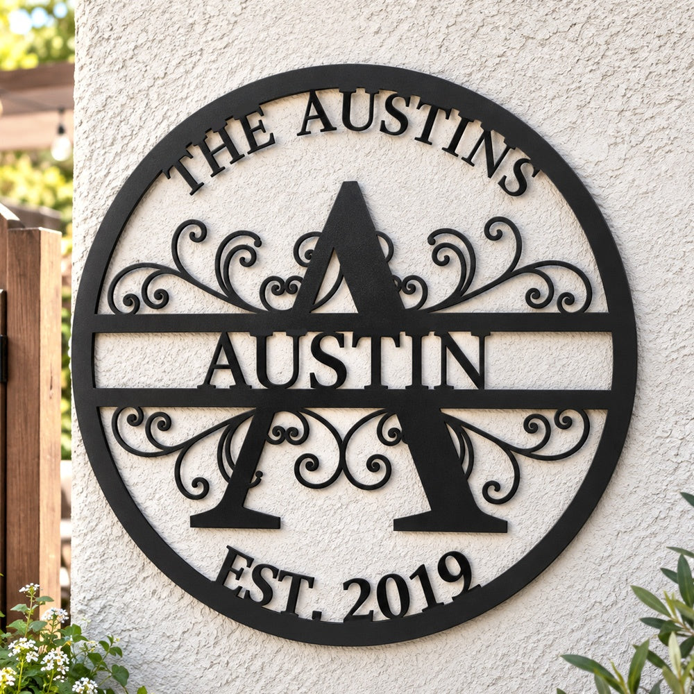 Personalized Initial Name Monogram metal wall sign displayed on the wall