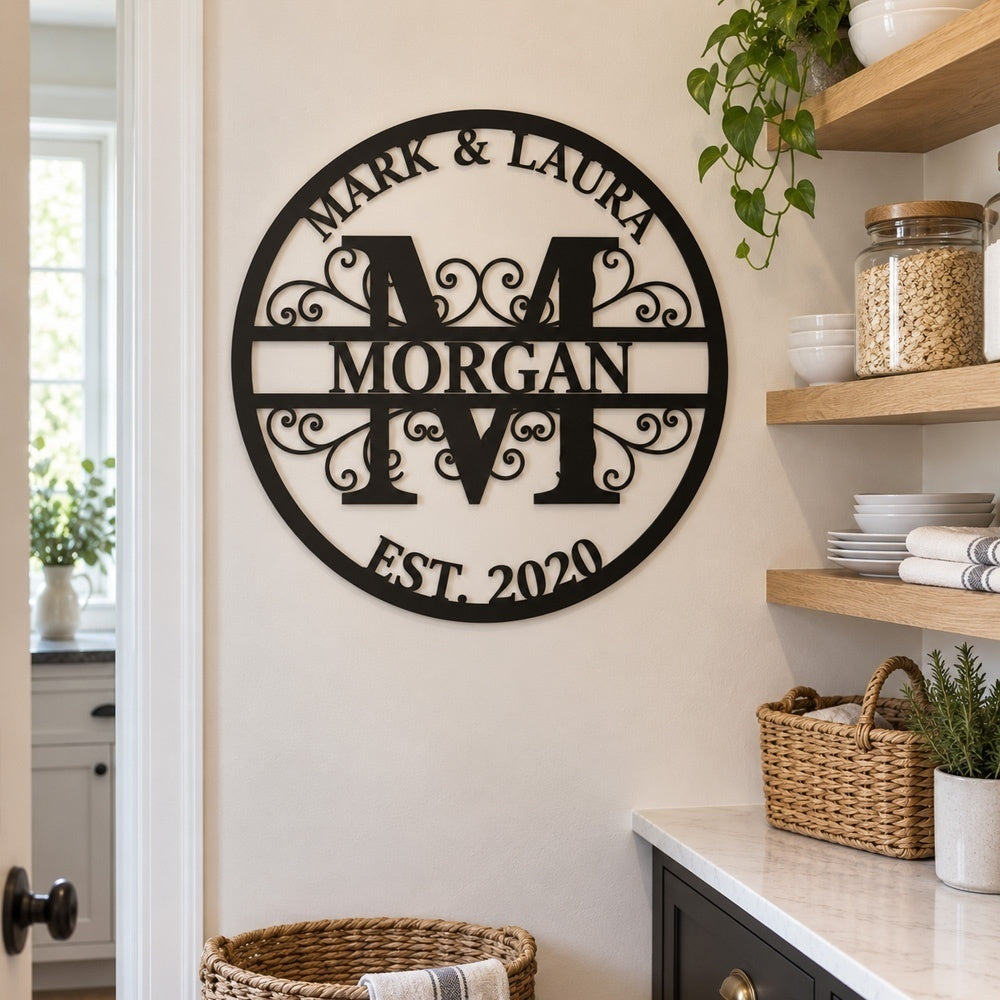 Personalized Initial Name Monogram metal wall sign displayed on the wall