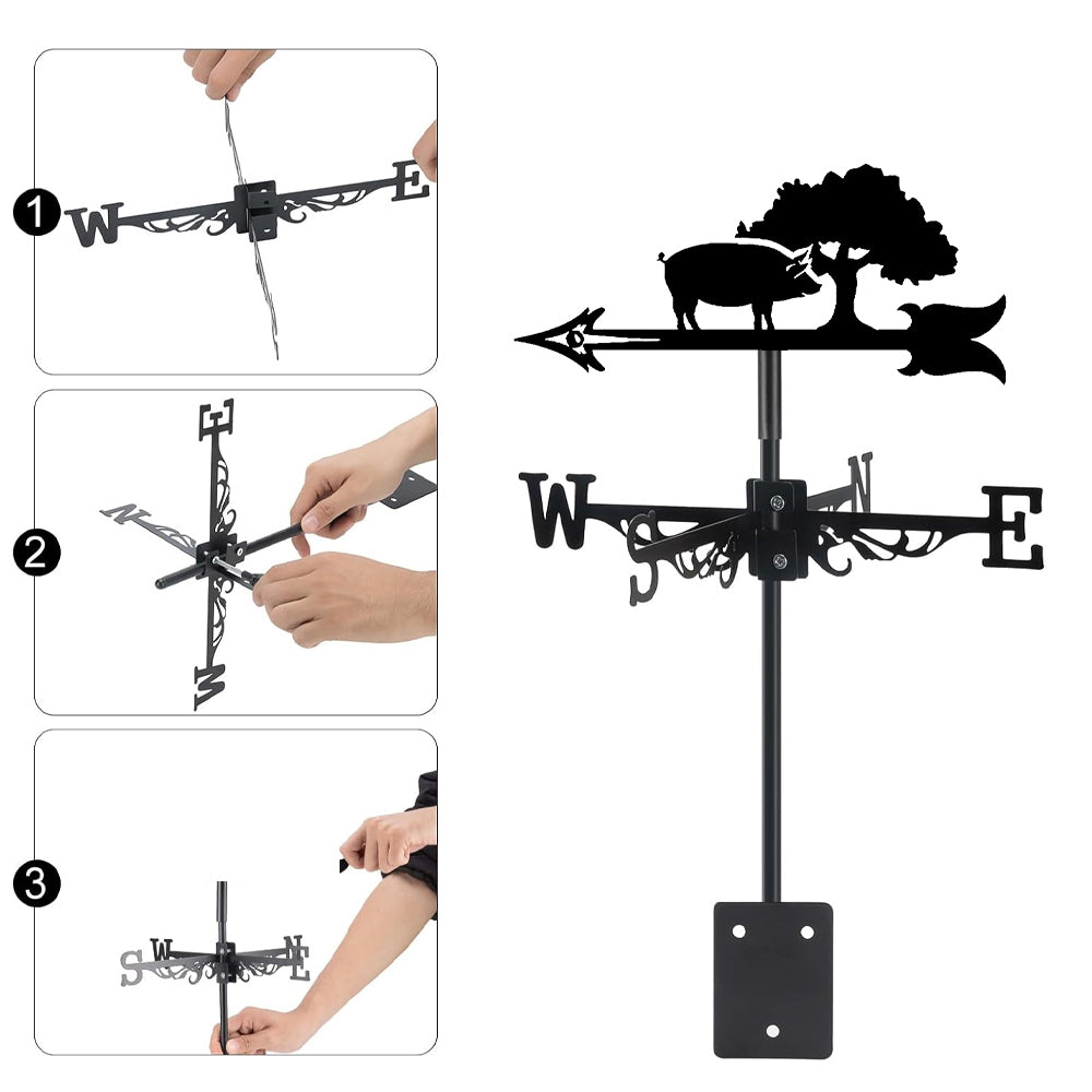Pig and tree metal weather vane with directional arrows and mounting rod, outdoor roof and garden decoration