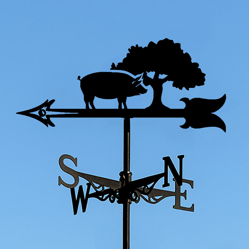 Pig and tree metal weather vane with directional arrows and mounting rod, outdoor roof and garden decoration