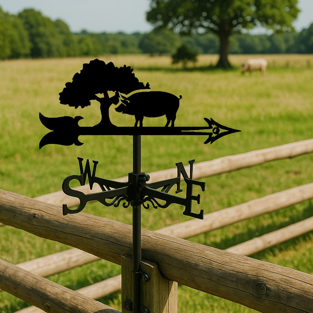 Pig and tree metal weather vane with directional arrows and mounting rod, outdoor roof and garden decoration