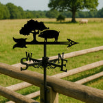 Pig and tree metal weather vane with directional arrows and mounting rod, outdoor roof and garden decoration
