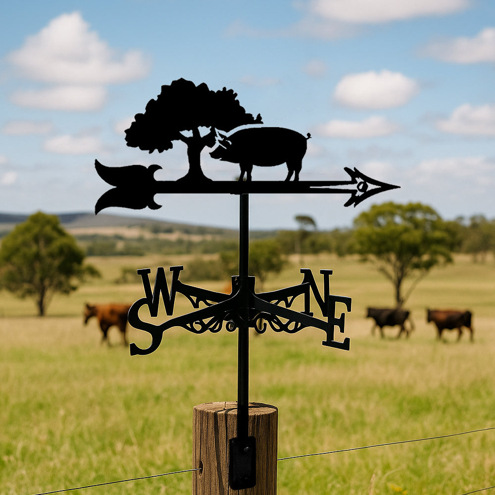 Pig and tree metal weather vane with directional arrows and mounting rod, outdoor roof and garden decoration