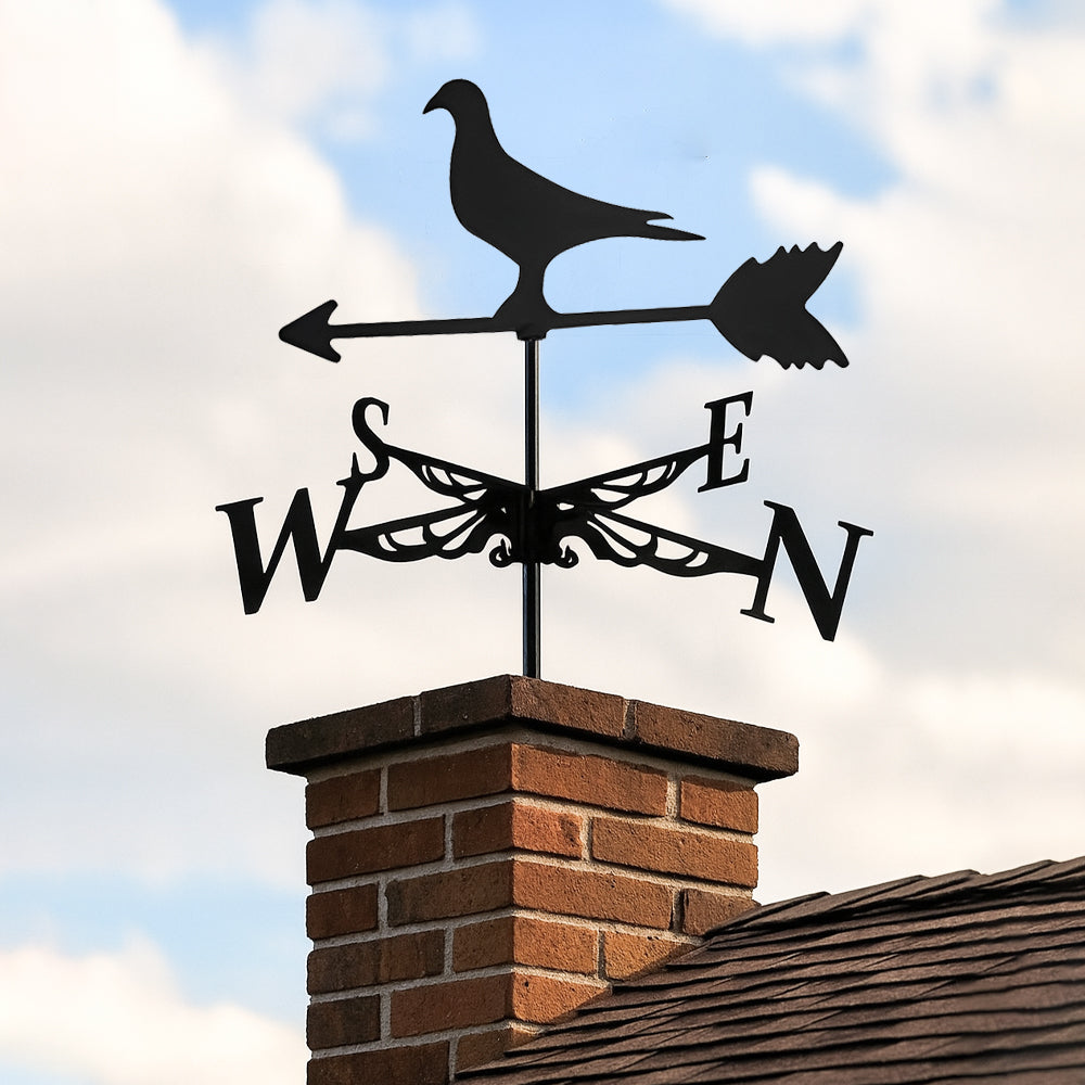 Pigeon metal weather vane with directional arrows and mounting rod, outdoor roof and garden decoration