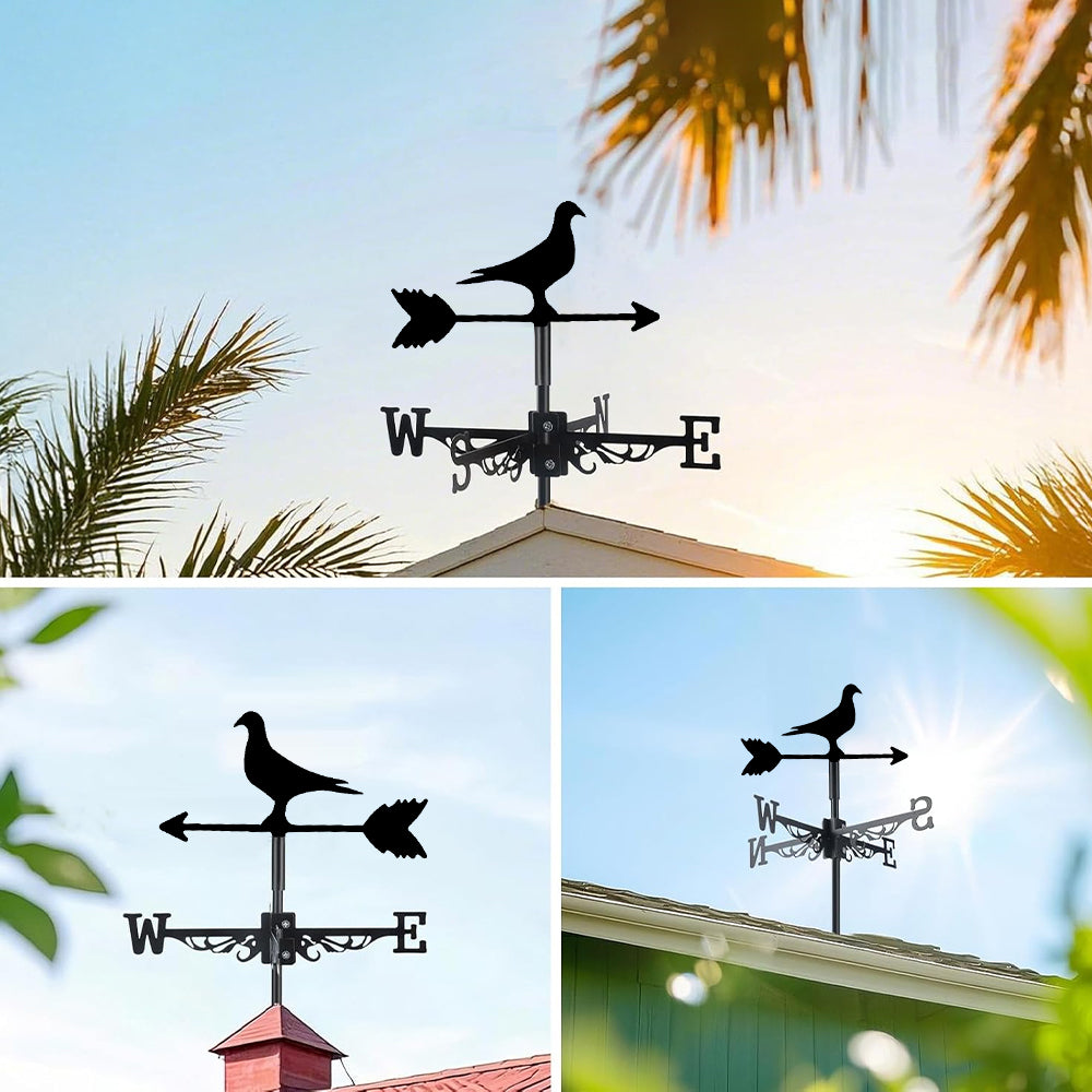 Pigeon metal weather vane with directional arrows and mounting rod, outdoor roof and garden decoration