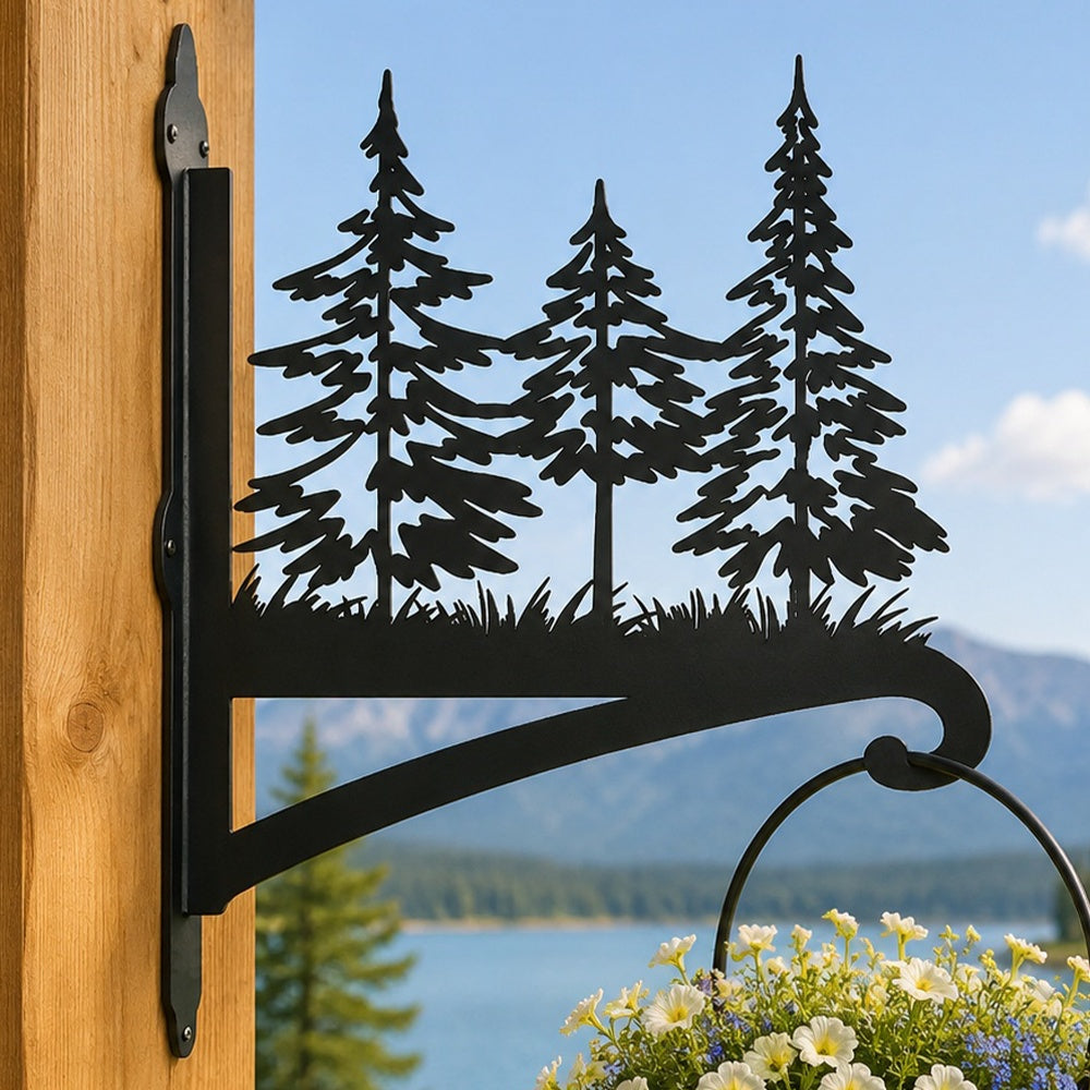 Pine forest metal hanging basket bracket mounted on outdoor wall for plant decoration