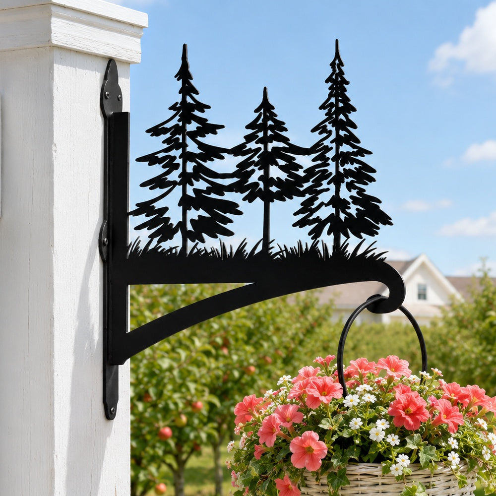 Pine forest metal hanging basket bracket mounted on outdoor wall for plant decoration