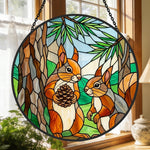 Pine forest squirrel pair stained glass suncatcher window hanging, suitable for home and garden decoration