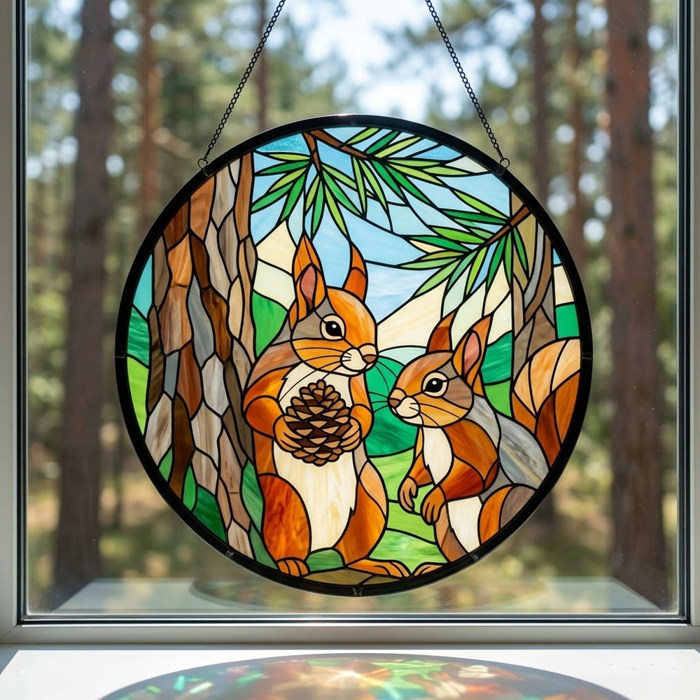 Pine forest squirrel pair stained glass suncatcher window hanging, suitable for home and garden decoration