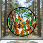 Pine forest squirrel pair stained glass suncatcher window hanging, suitable for home and garden decoration