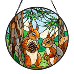 Pine forest squirrel pair stained glass suncatcher window hanging, suitable for home and garden decoration