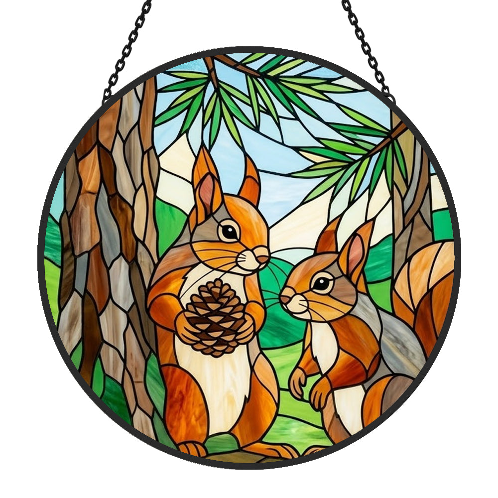 Pine forest squirrel pair stained glass suncatcher window hanging, suitable for home and garden decoration