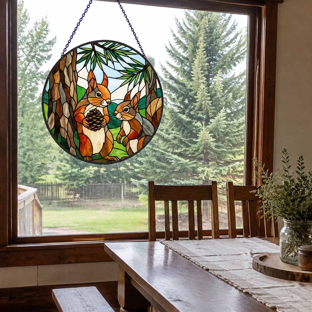 Pine forest squirrel pair stained glass suncatcher window hanging, suitable for home and garden decoration