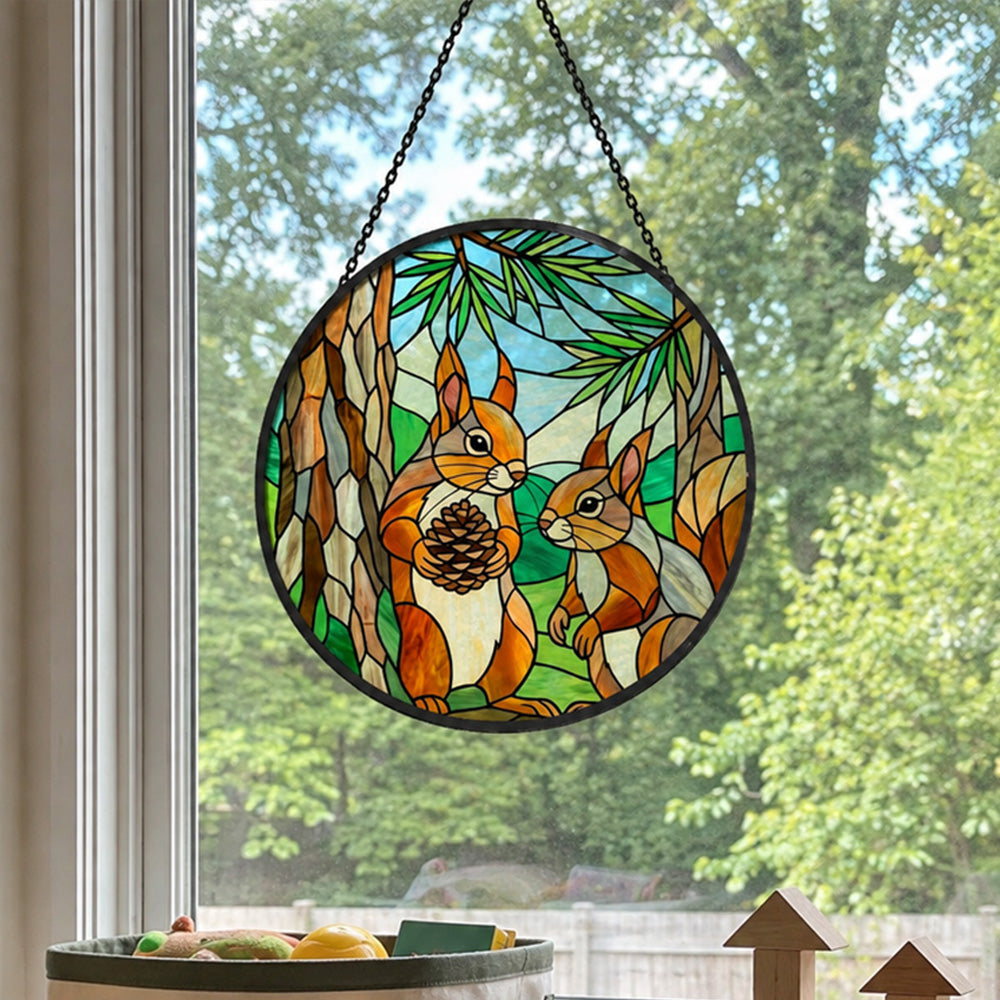 Pine forest squirrel pair stained glass suncatcher window hanging, suitable for home and garden decoration