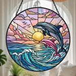 Pink and blue dolphin pair stained glass suncatcher window hanging, suitable for home and garden decoration