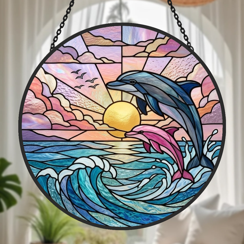 Pink and blue dolphin pair stained glass suncatcher window hanging, suitable for home and garden decoration