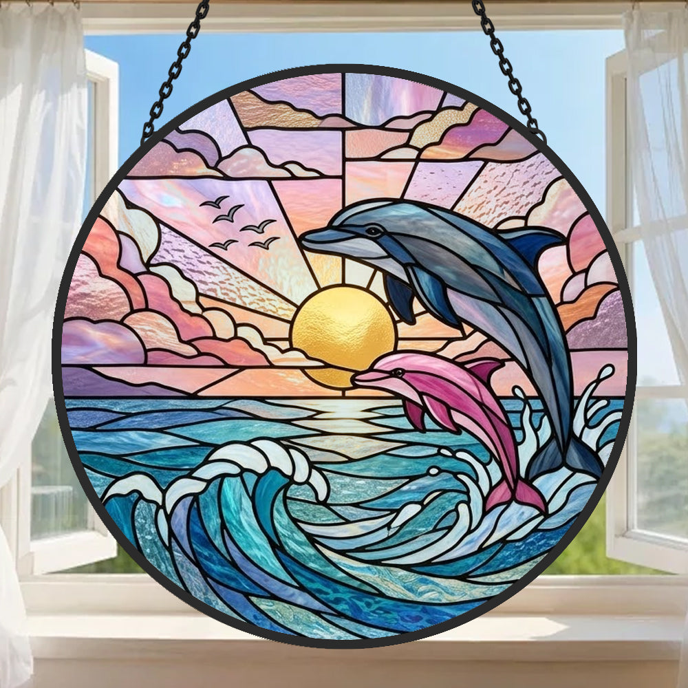 Pink and blue dolphin pair stained glass suncatcher window hanging, suitable for home and garden decoration