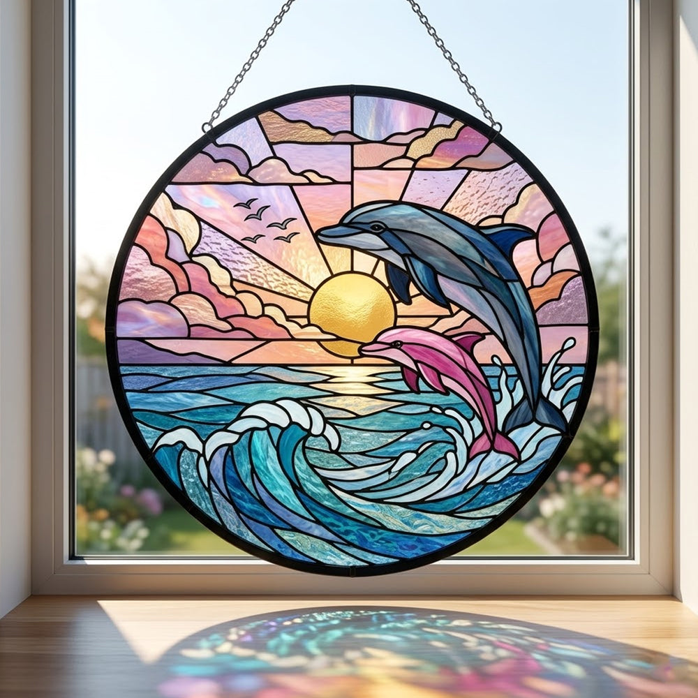 Pink and blue dolphin pair stained glass suncatcher window hanging, suitable for home and garden decoration