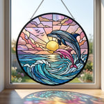 Pink and blue dolphin pair stained glass suncatcher window hanging, suitable for home and garden decoration